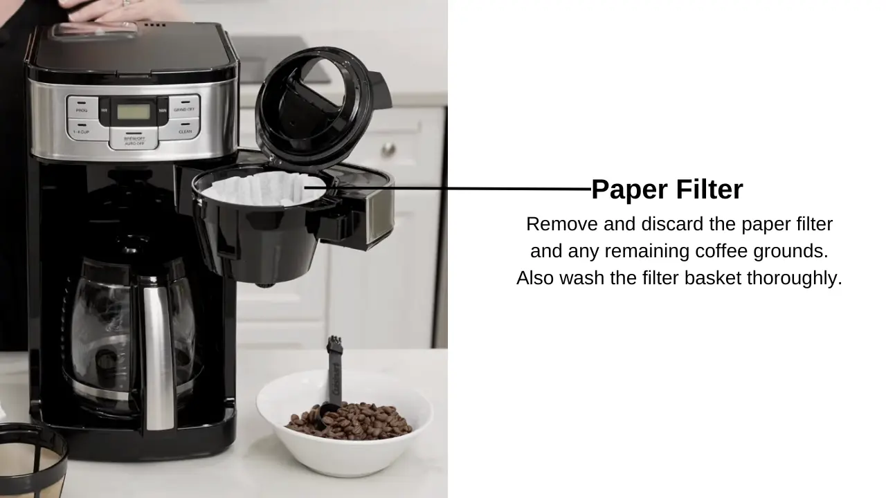 Remove and discard the paper filter and any remaining coffee grounds and wash the filter basket thoroughly