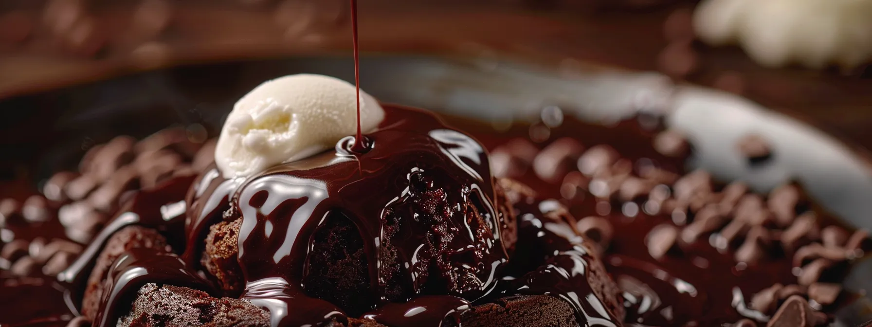 a decadent chocolate lava cake oozing with molten goodness, topped with a scoop of creamy vanilla ice cream.