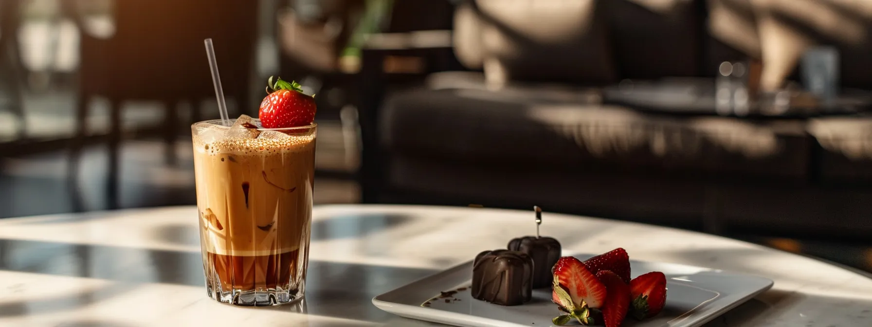 a beautifully garnished glass of iced espresso served with a side of chocolate-covered strawberries on a sleek, modern table setting.