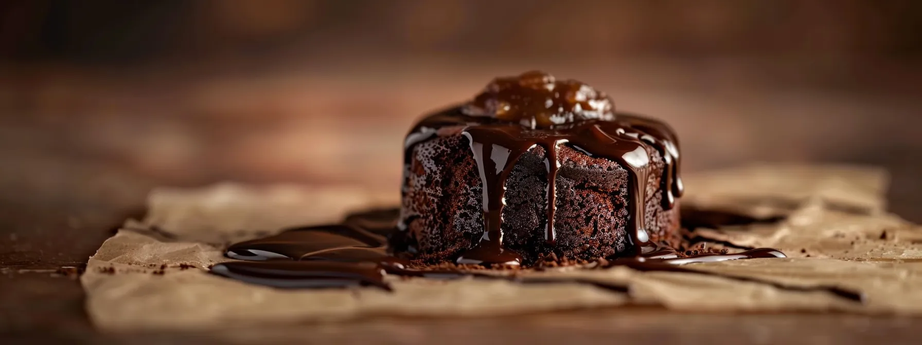 a decadent chocolate cake topped with a drizzle of applesauce, showcasing a moist and rich texture.