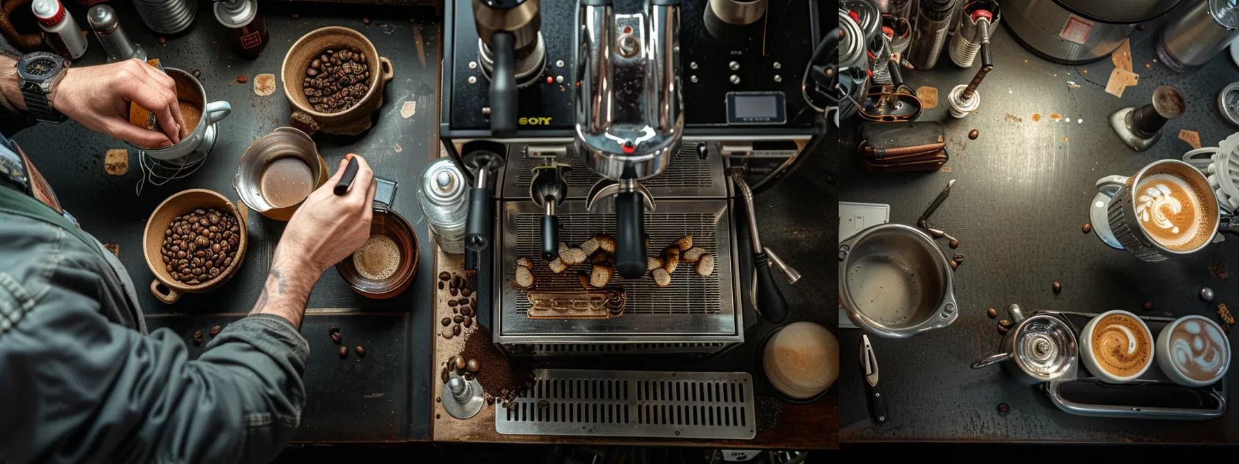 a barista carefully adjusting the temperature and pressure on an espresso machine, surrounded by various tools and equipment, aiming for the perfect shot of espresso.