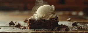 a rich, fudgy vegan brownie topped with a scoop of dairy-free vanilla ice cream melting slowly on a rustic wooden table.