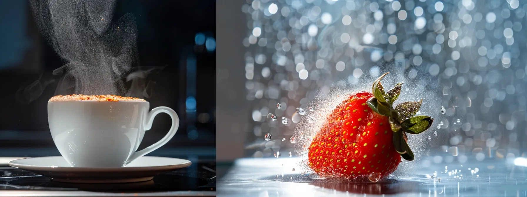 a vibrant red strawberry being blended into a steaming cup of coffee, creating a visually appealing and flavorful combination.