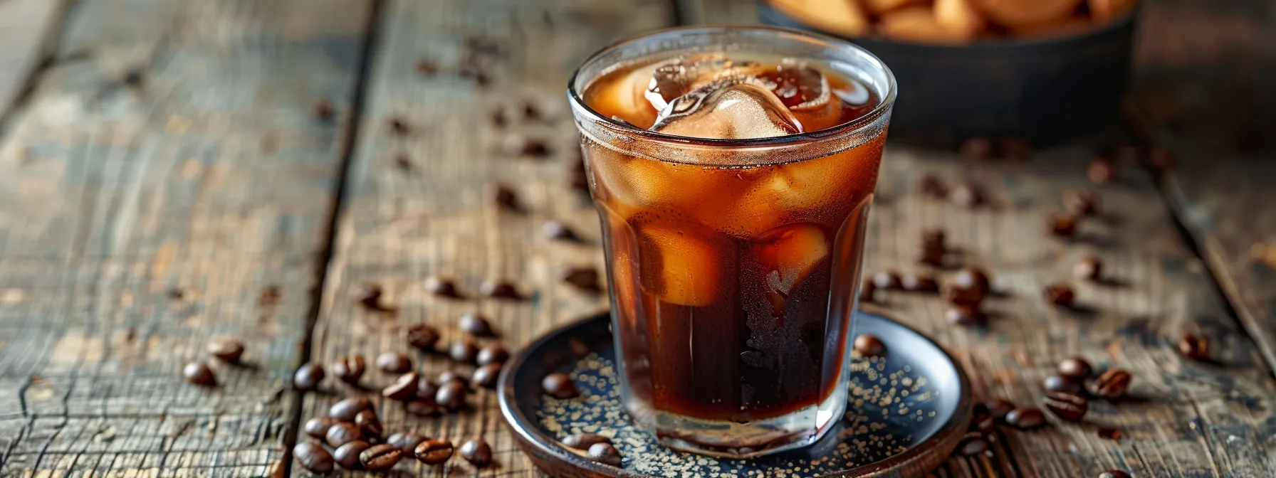 a refreshing glass of iced coffee with natural sweeteners, low-calorie modifications, and caffeine-free options displayed on a rustic wooden table.