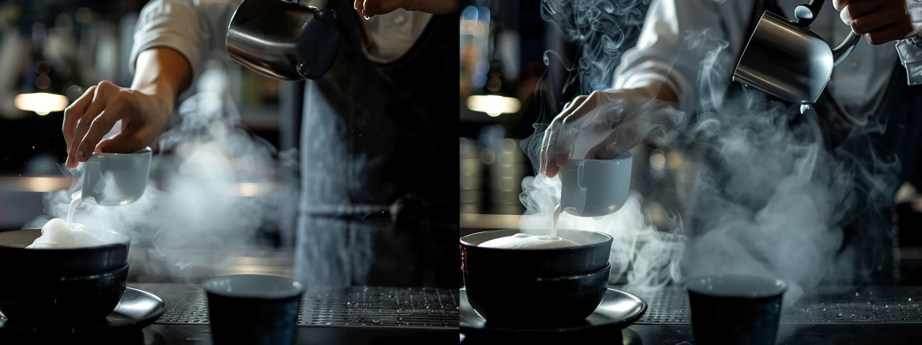 a barista expertly steaming milk, creating velvety microfoam for latte art designs.