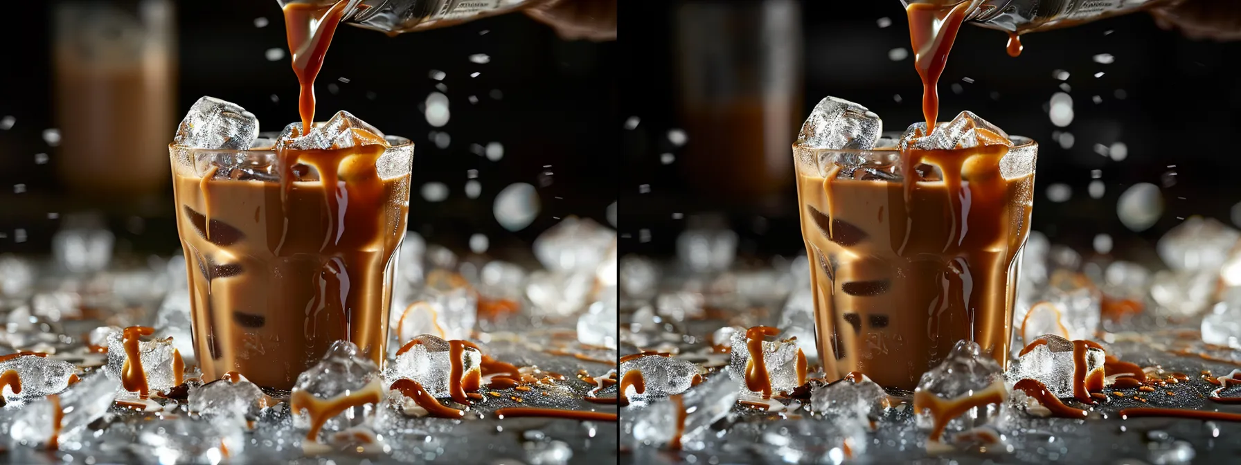 a caramel mocha being poured over a glass filled with ice cubes, creating a refreshing and indulgent iced beverage.