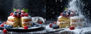 a perfectly sliced cake covered in a crystal-clear dome, fresh berries and a dusting of powdered sugar on top.