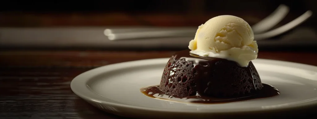 a decadent, molten chocolate lava cake oozing with richness and flavor, topped with a generous scoop of vanilla ice cream on a elegant dessert plate.