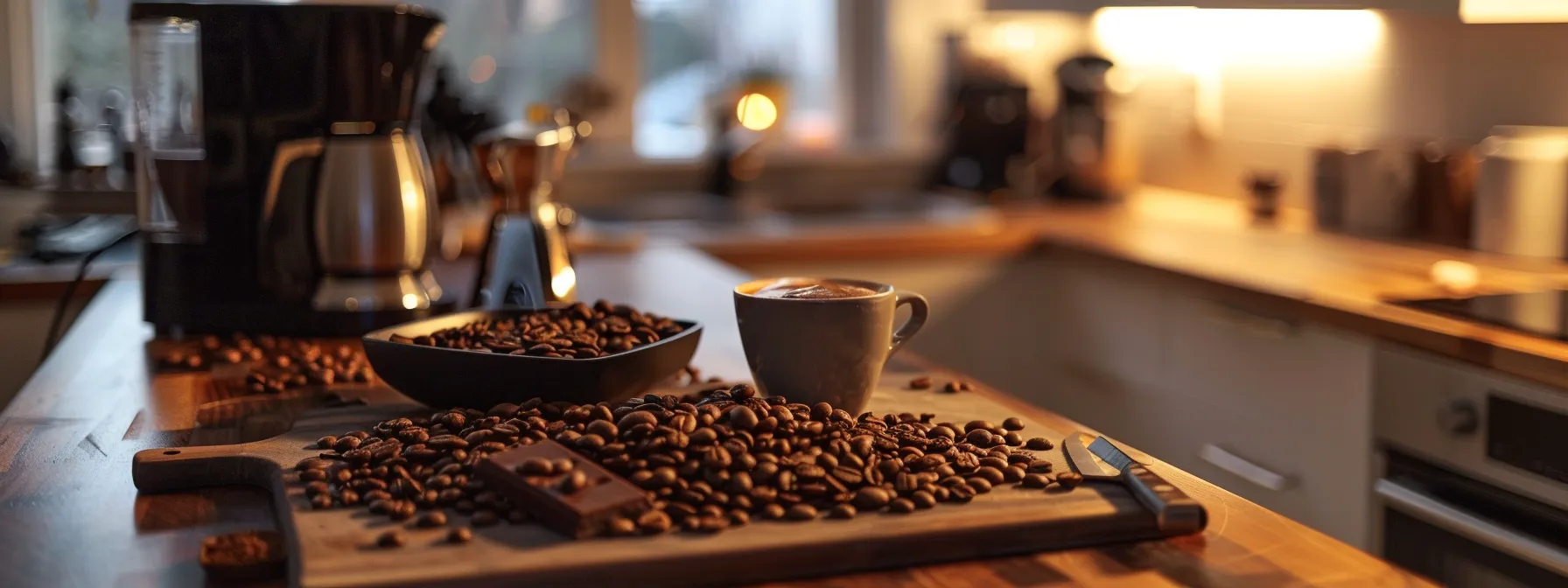 a cozy kitchen counter featuring fresh coffee beans, decadent chocolate bars, and sleek espresso tools, ready for the perfect homemade chocolate latte.