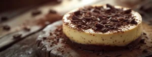 a decadent chocolate cheesecake topped with a rich chocolate ganache and finished with a sprinkle of chocolate shavings on a rustic wooden table.