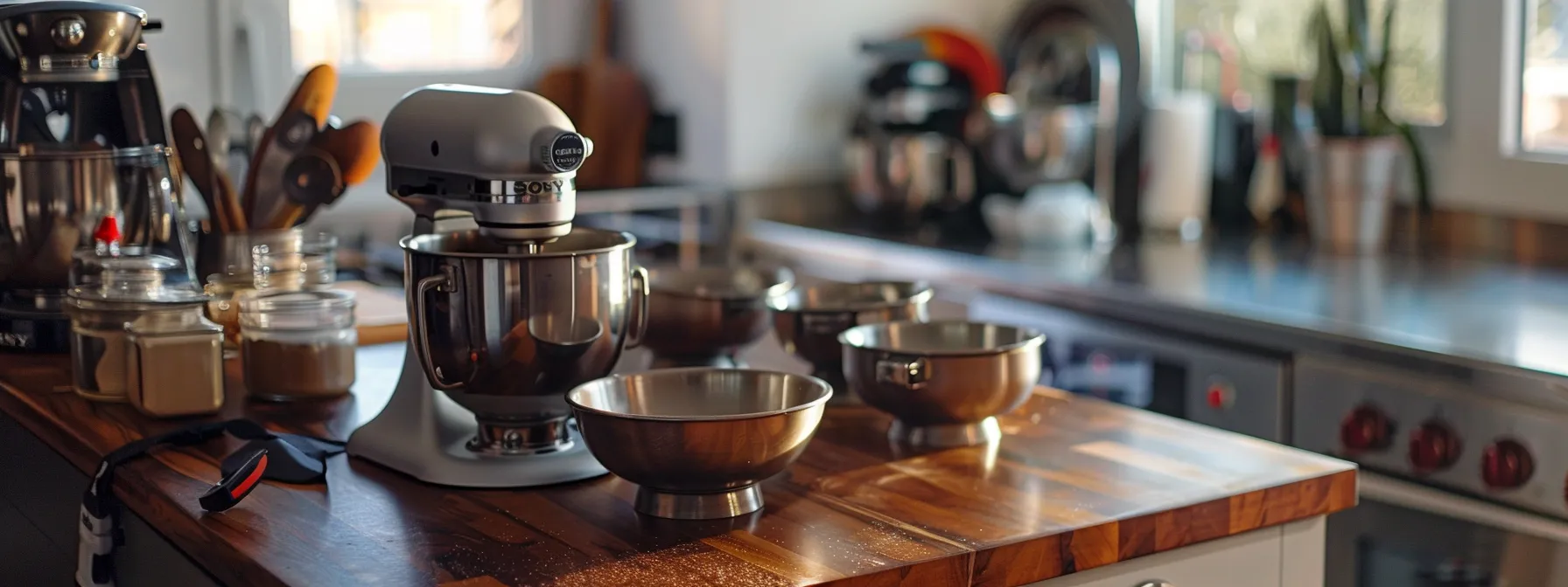 a kitchen countertop with shiny stainless steel mixing bowls, a variety of utensils neatly arranged, and an electric mixer ready for use, highlighting the importance of proper mixing tools and equipment for chocolate cake preparation.