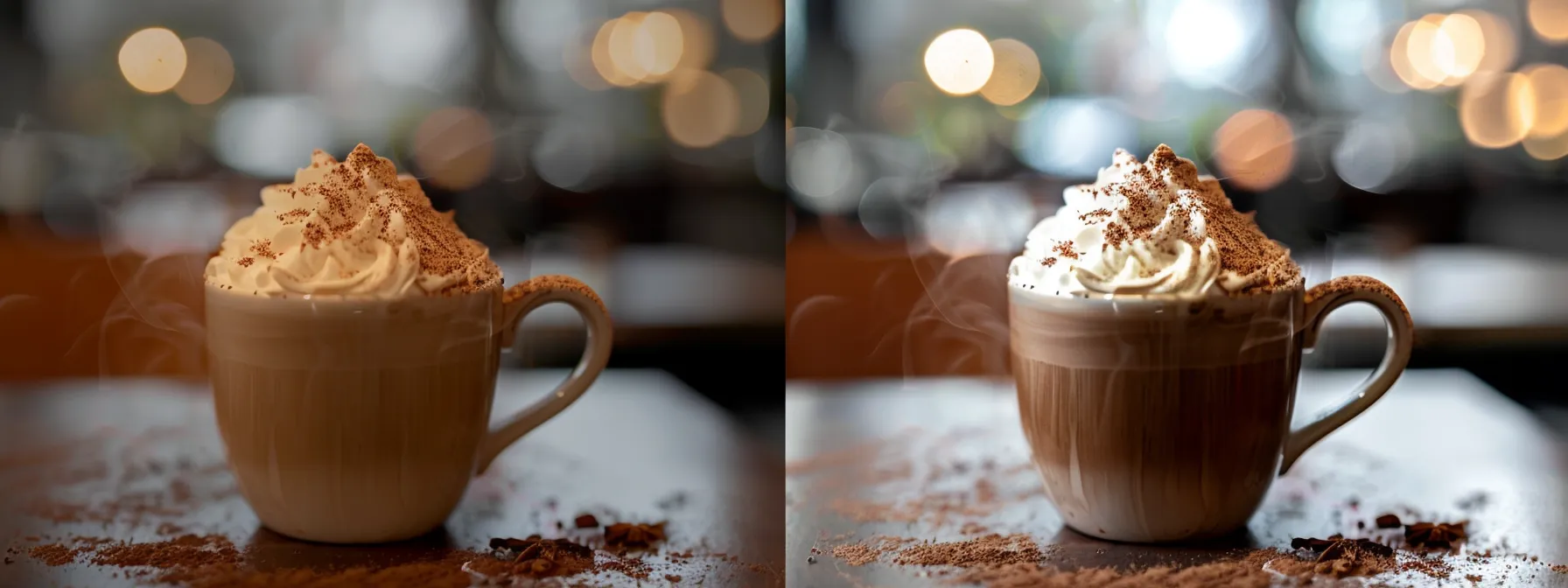 a steaming mug of velvety chocolate latte adorned with a sprinkle of cinnamon and a dollop of whipped cream.