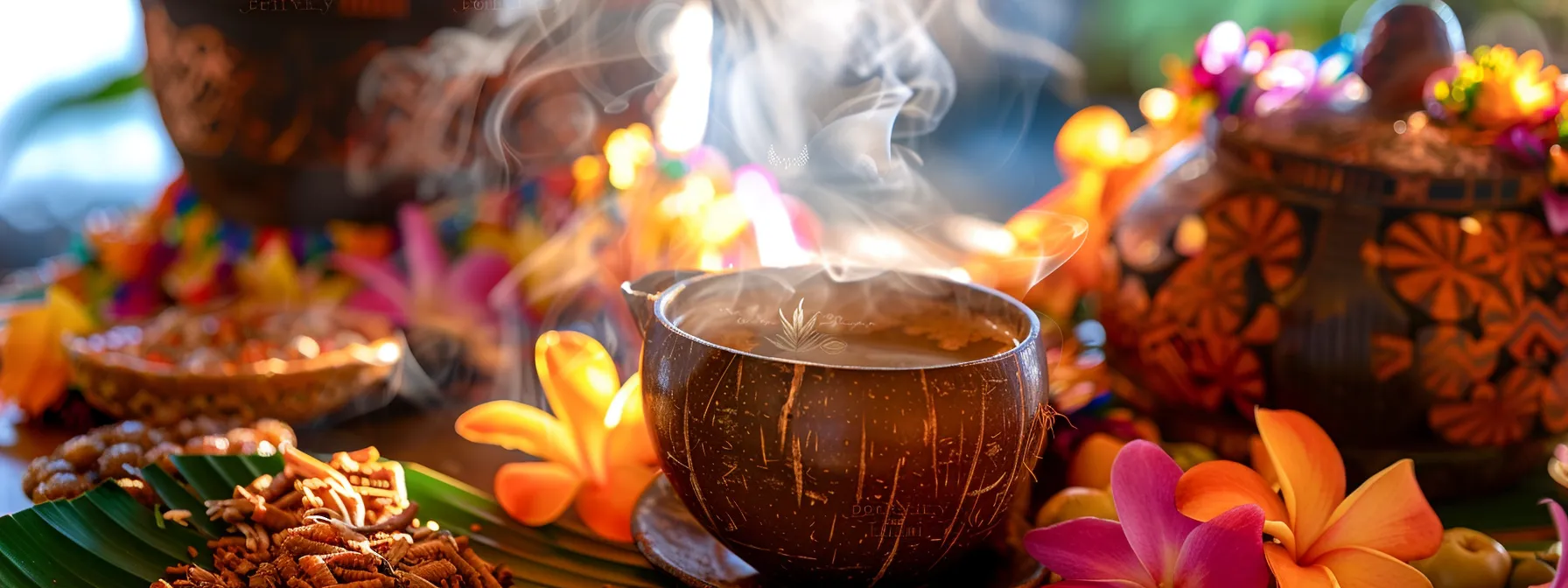 a steaming cup of hawaiian coffee served in a decorative coconut shell, surrounded by colorful leis and traditional island snacks on a tropical-themed table.