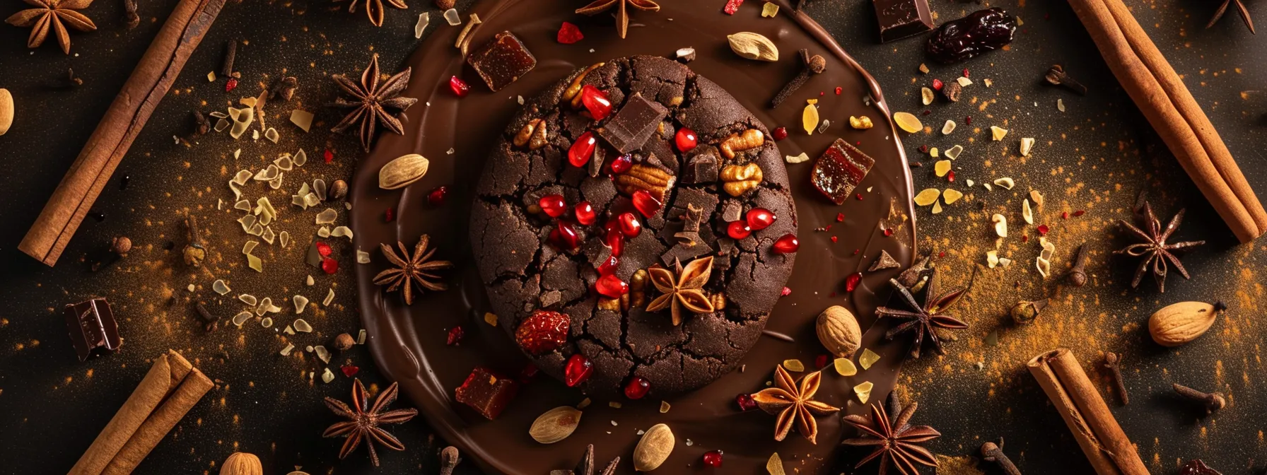 a decadent chocolate cookie topped with a colorful array of nuts and dried fruits, surrounded by various spices and rich chocolate decorations.