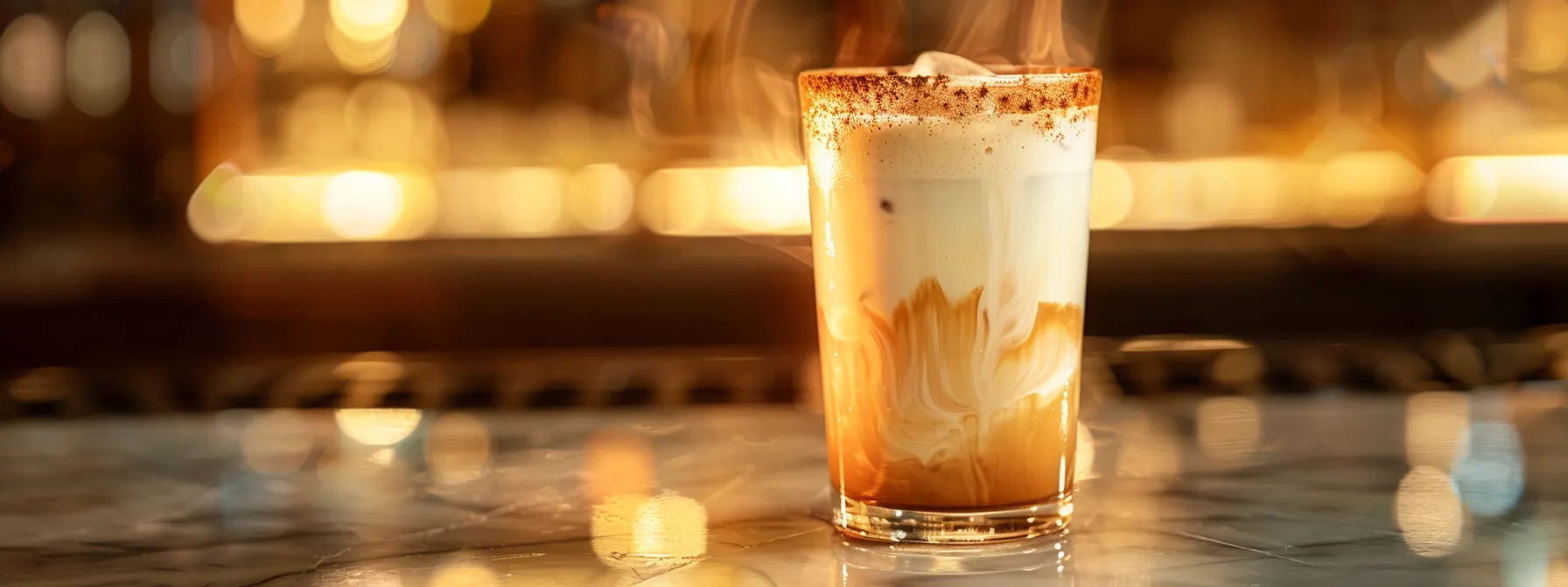 a glass filled with a swirl of rich, creamy iced dirty chai latte sits elegantly on a marble counter, exuding a refreshing and spicy allure under the soft glow of ambient lighting.