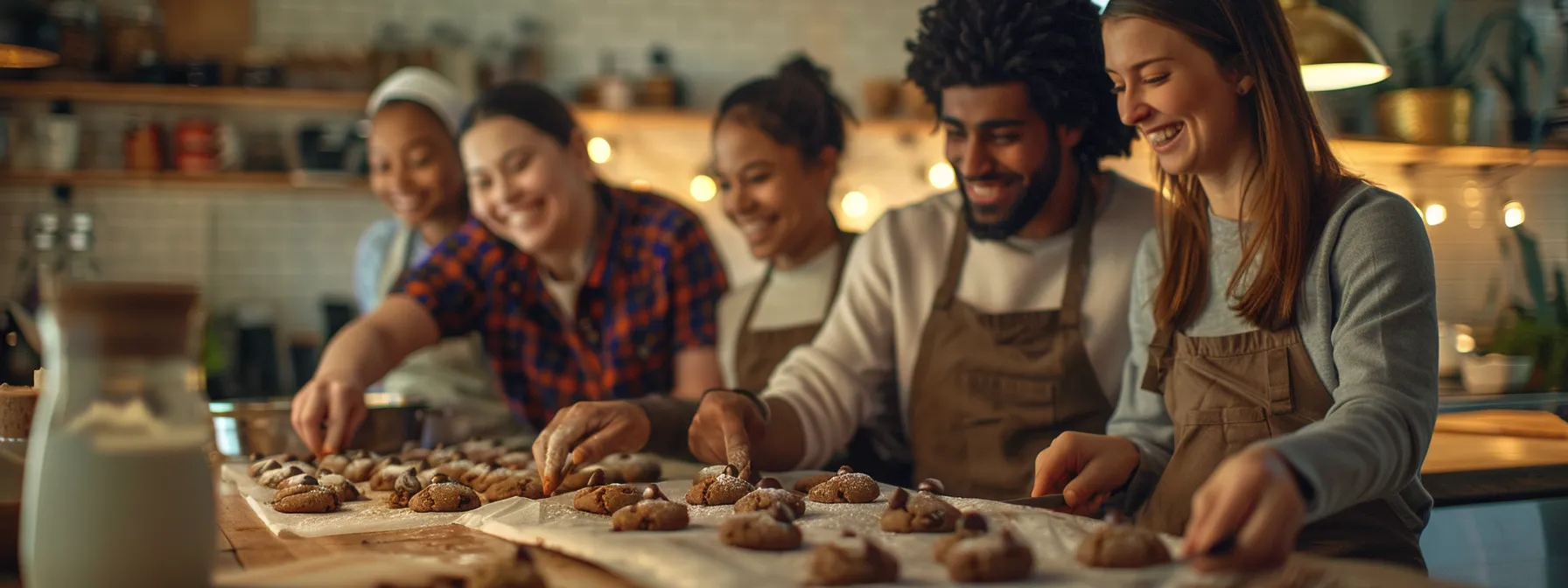 a group of diverse individuals happily making various sized chocolate cookies in a bright, inviting kitchen setting.