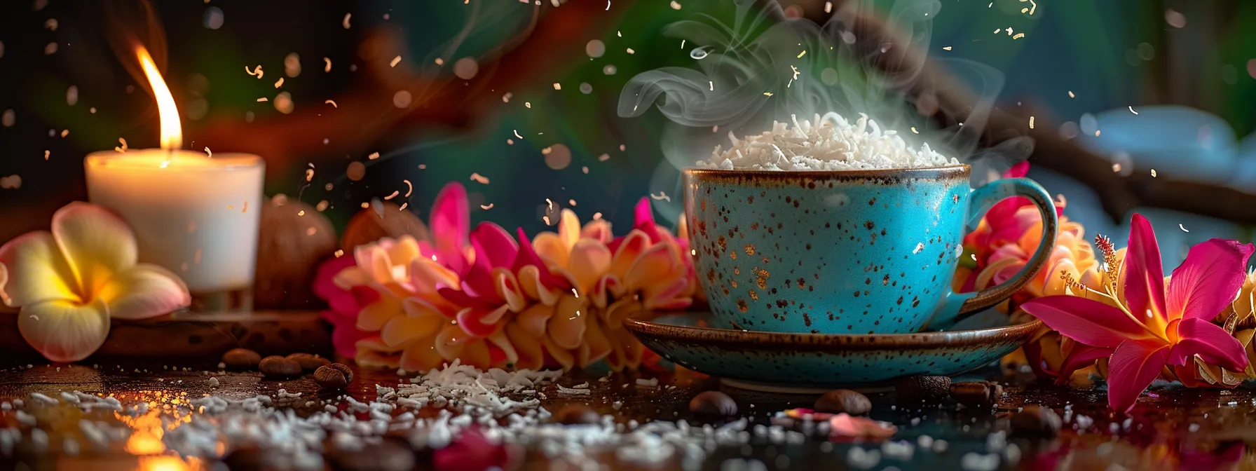 a steaming cup of coffee adorned with a vibrant flower lei and sprinkled with freshly grated coconut, embodying the tropical fusion of hawaiian ingredients.