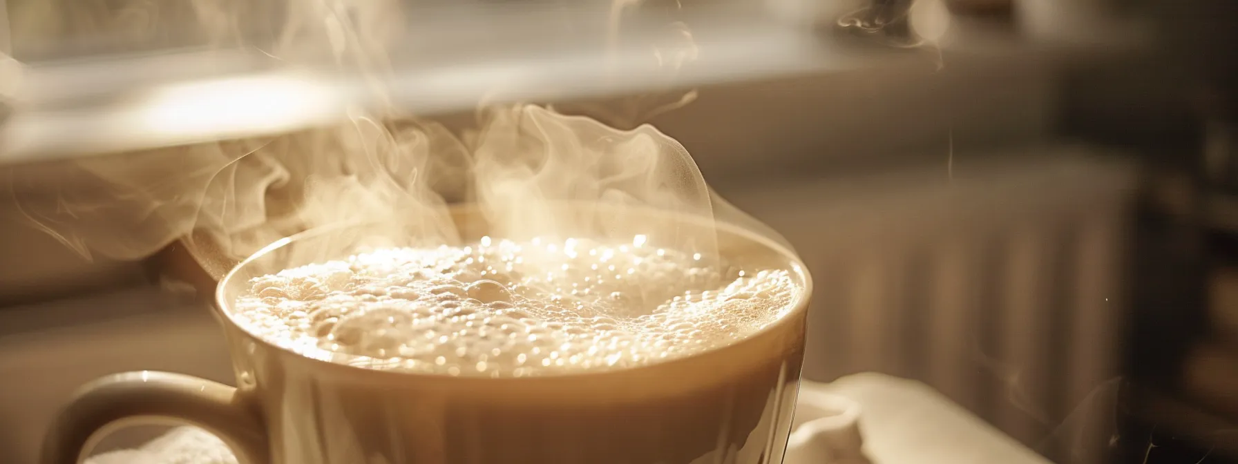 a steaming pitcher of almond milk beautifully frothed to create the perfect homemade latte.