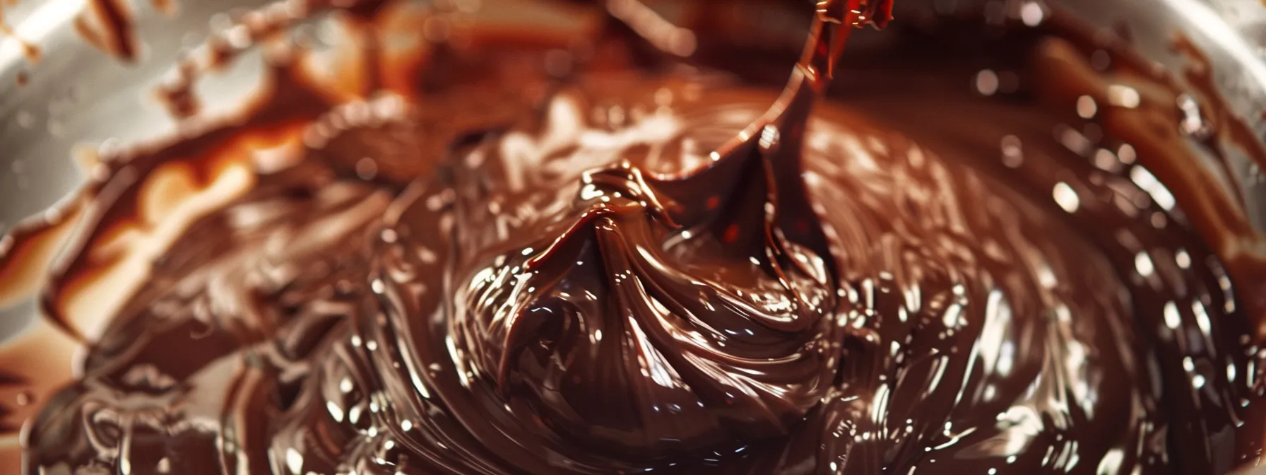 mixing chocolate cake batter with smooth, glossy consistency in a stainless steel mixing bowl.