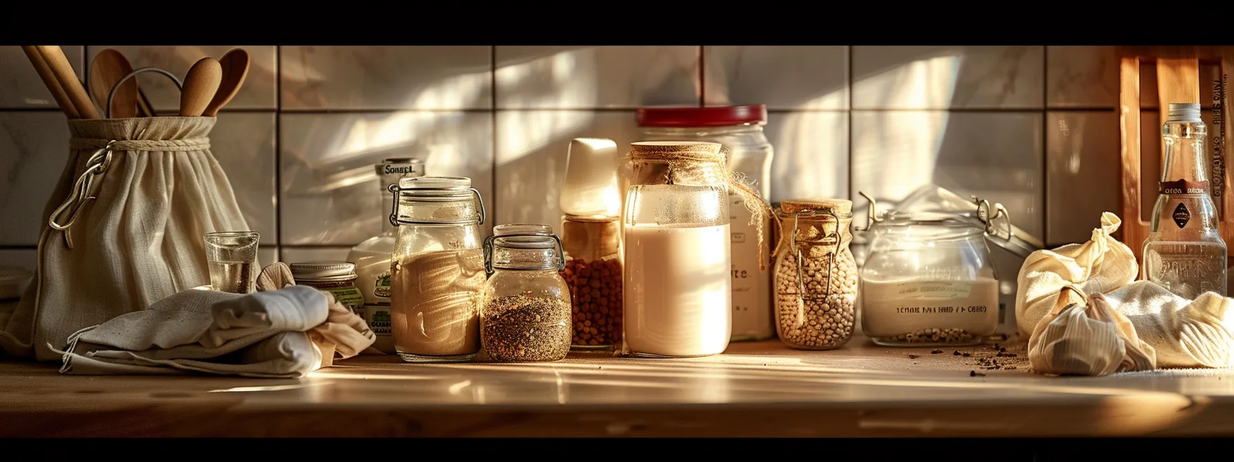 a cozy kitchen counter with various types of milk, tea bags, and a jar of spices, ready to be used in crafting the perfect easy iced dirty chai latte.