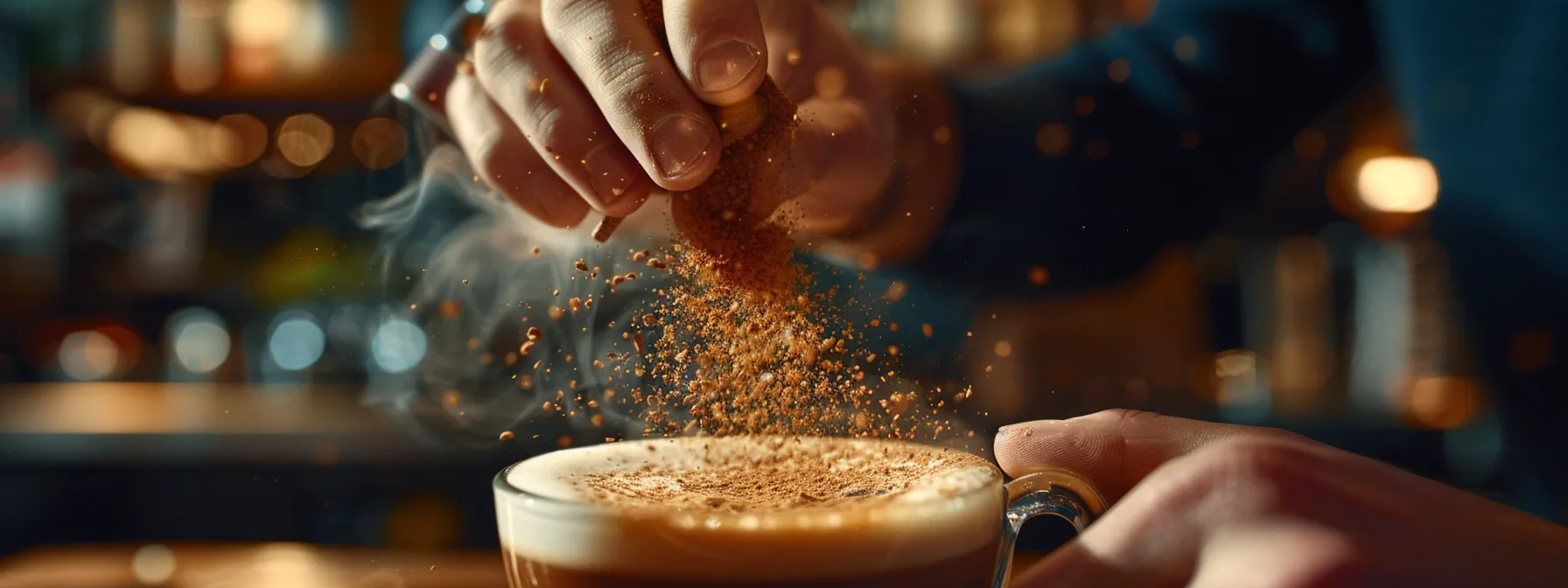 a barista expertly sprinkles cinnamon over a steaming, chocolate-infused latte, showcasing the art of customizing a perfect beverage experience.