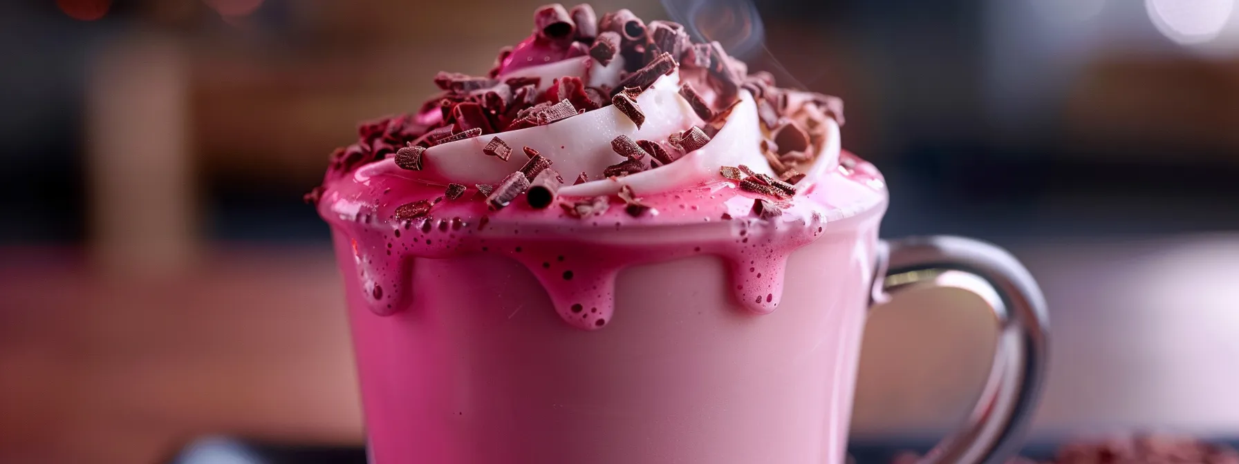 a steaming cup of vibrant pink strawberry mocha topped with decadent chocolate shavings and swirls of creamy almond milk.