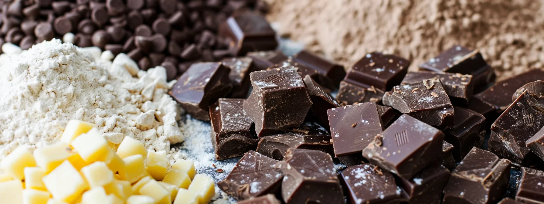 a close-up photo of rich, dark chocolate chunks surrounded by smooth vanilla extract, various sugars, and different flour types, all ready to be used in creating decadent chocolate cookies.