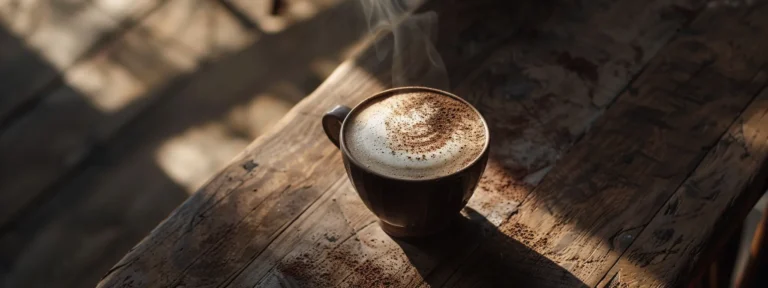 a steaming chocolate latte topped with frothy milk and cocoa powder on a rustic wooden table.