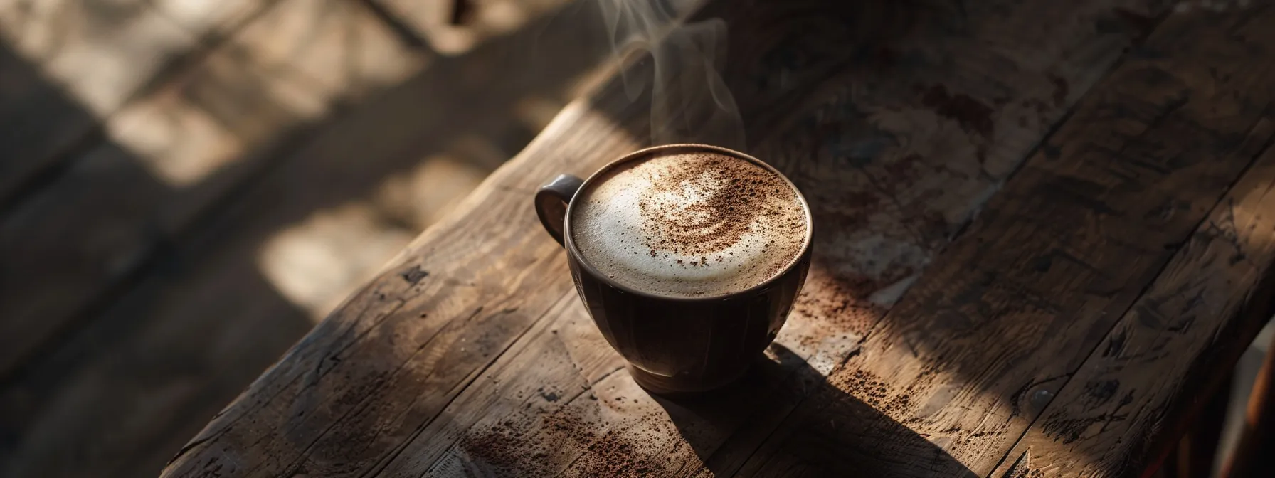 a steaming chocolate latte topped with frothy milk and cocoa powder on a rustic wooden table.