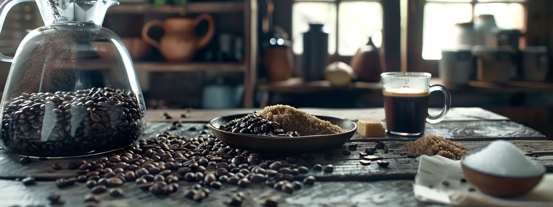 a rustic wooden table adorned with coffee beans, brown sugar, a pinch of salt, and a sleek coffee maker, creating a picturesque setting for crafting homemade brown sugar iced coffee.