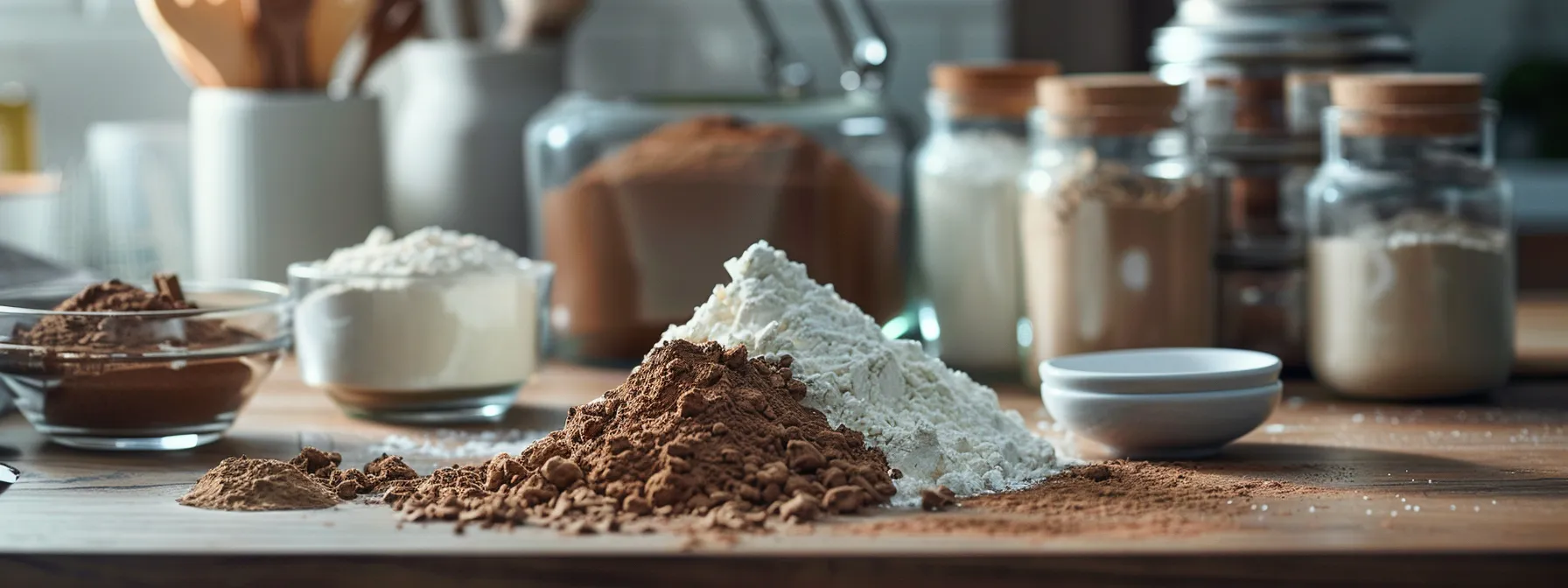 a close-up of a selection of high-quality flour, cocoa powder, sugars, leavening agents, and peanut butter, arranged neatly on a kitchen counter.