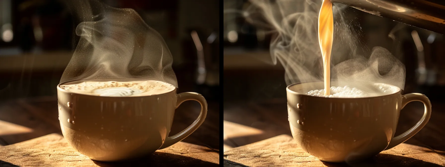 a steaming almond milk latte being poured into a ceramic mug, topped with a perfect layer of frothy milk.