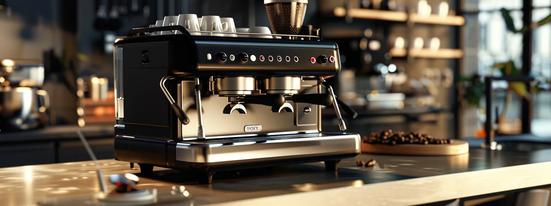 a sleek espresso machine with a precision grinder and shiny tamper on a kitchen counter.