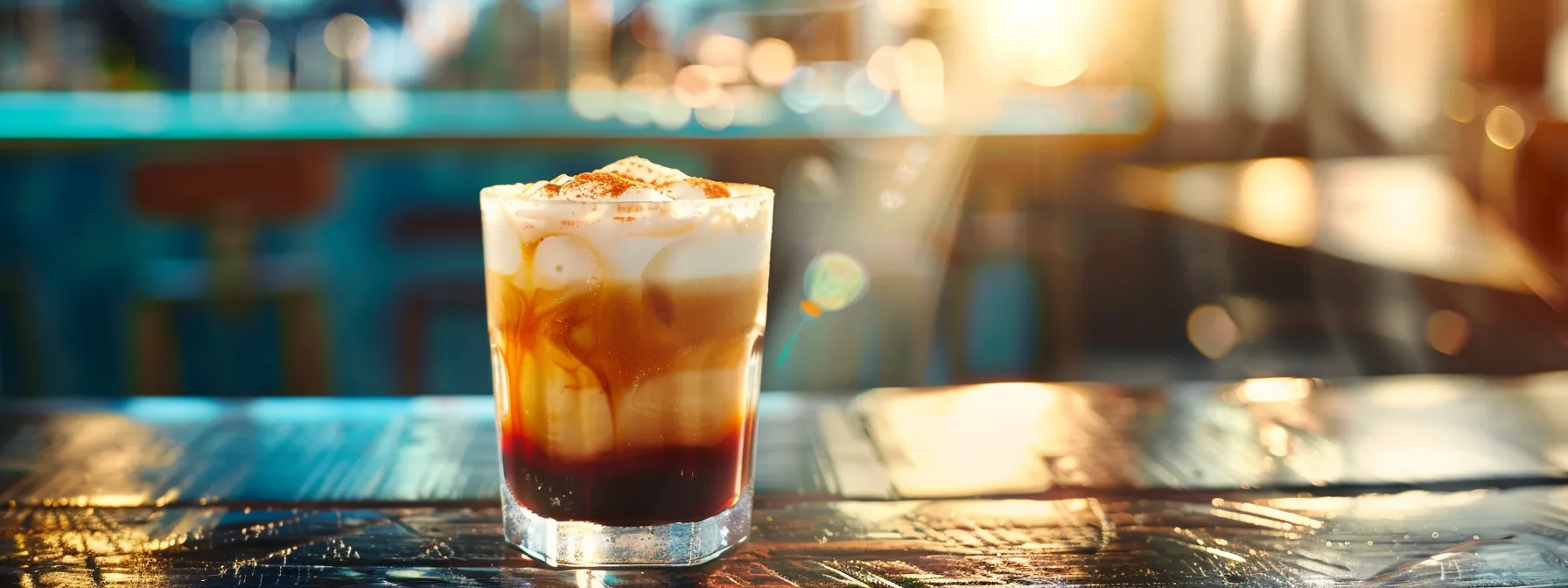 a handcrafted iced espresso layered with colorful flavor syrups and spices, topped with swirls of creamy milk.