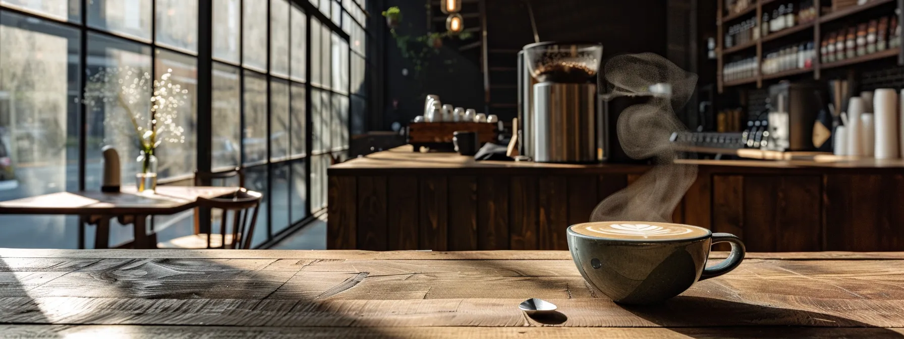 a sleek, modern coffeehouse in san francisco with a steaming cup of artisan mocha on a rustic wooden table.