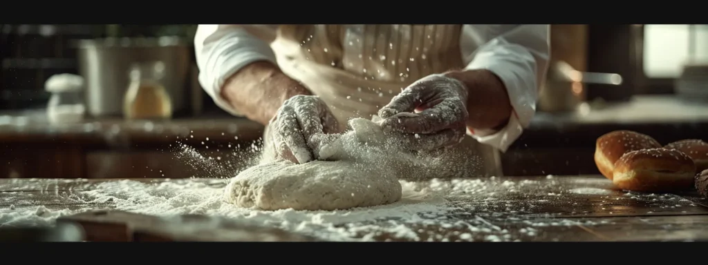 a baker skillfully kneads fluffy donut dough with precision on a flour-dusted wooden surface.