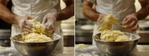 a baker kneads fluffy, golden donut dough in a stainless steel bowl, creating a perfectly smooth and elastic texture.