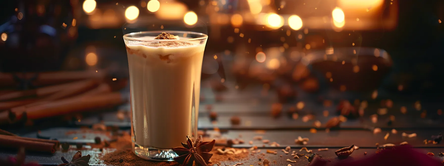 a glass filled with a rich, aromatic iced dirty chai latte surrounded by vibrant chai spices, exuding a sense of warmth and health benefits.