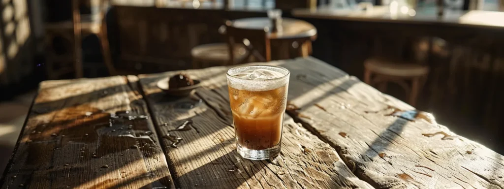 a glass of chilled brown sugar iced coffee glistening with condensation on a rustic wooden table.