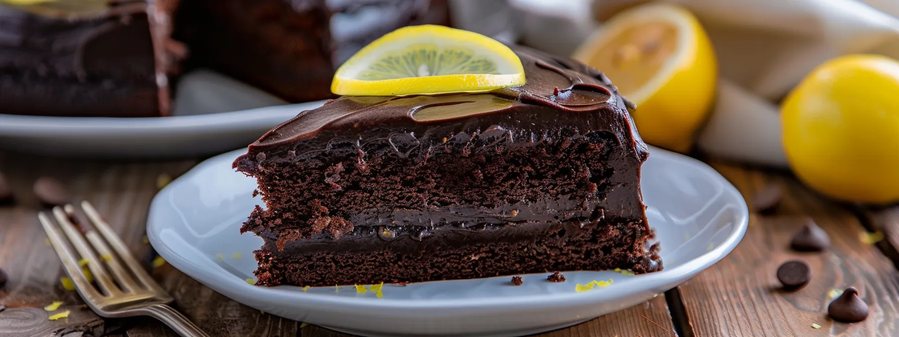 a decadent vegan chocolate cake topped with zesty lemon-infused frosting, showcasing a rich and moist texture from the flaxseed meal.