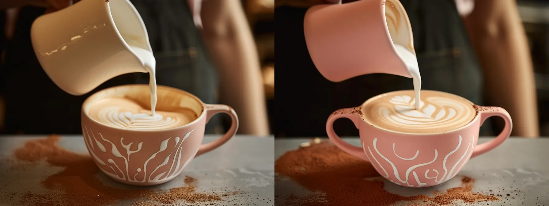 a barista carefully pouring steamed milk into a cup of espresso, creating intricate and colorful latte art designs.