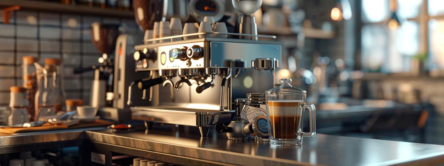 a sleek espresso machine surrounded by a variety of tools and accessories on a polished countertop, ready to create the perfect iced espresso experience.