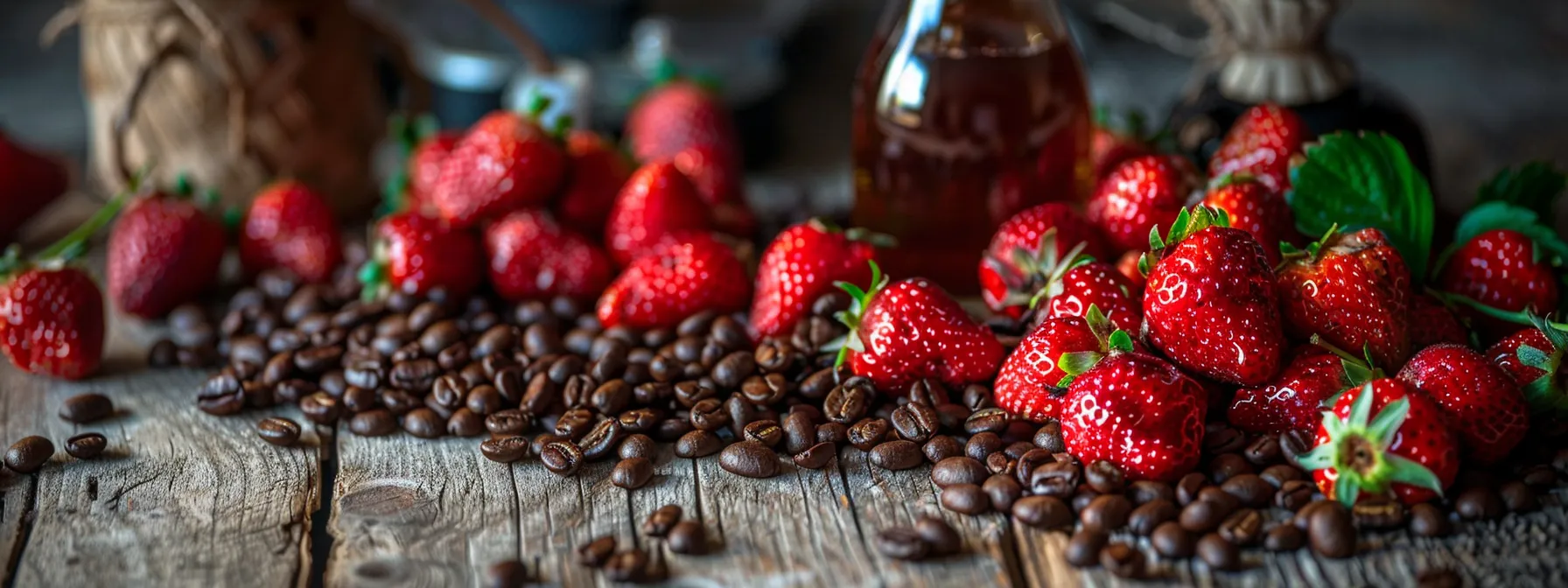 a vibrant close-up of fresh strawberries and coffee beans on a rustic wooden table, surrounded by a bottle of syrup and a hint of creamy cheesecake flavor.