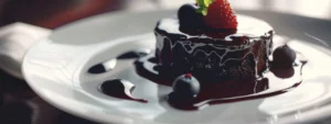 a decadent vegan chocolate lava cake oozing with rich, molten chocolate filling on a pristine white dessert plate.