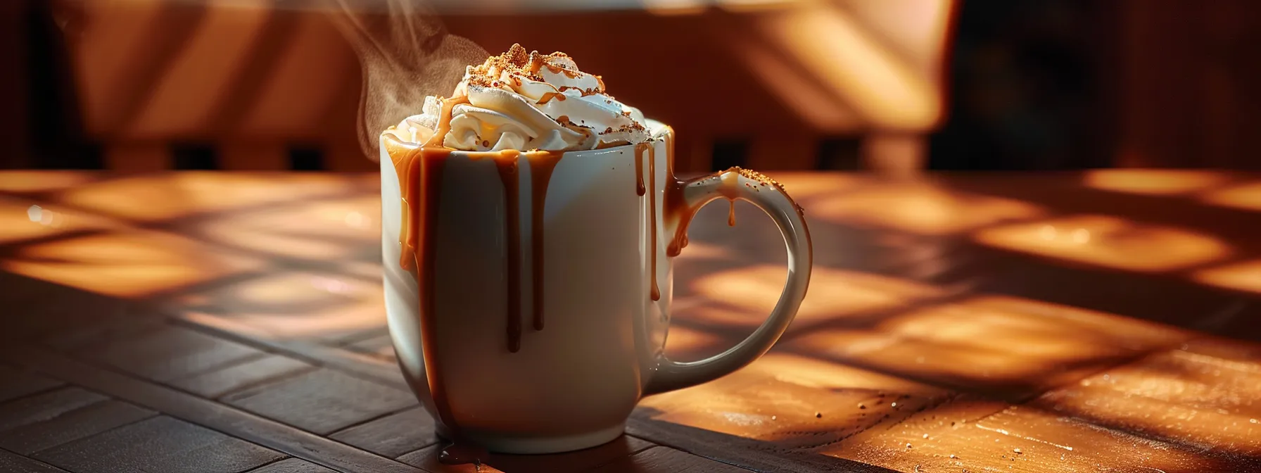 steaming mug of rich, velvety caramel mocha topped with whipped cream and drizzled with caramel sauce.