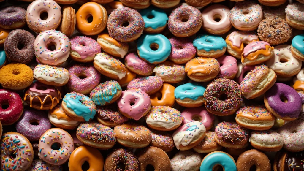 a colorful assortment of gourmet donuts oozing with creamy fillings and topped with decadent sprinkles.