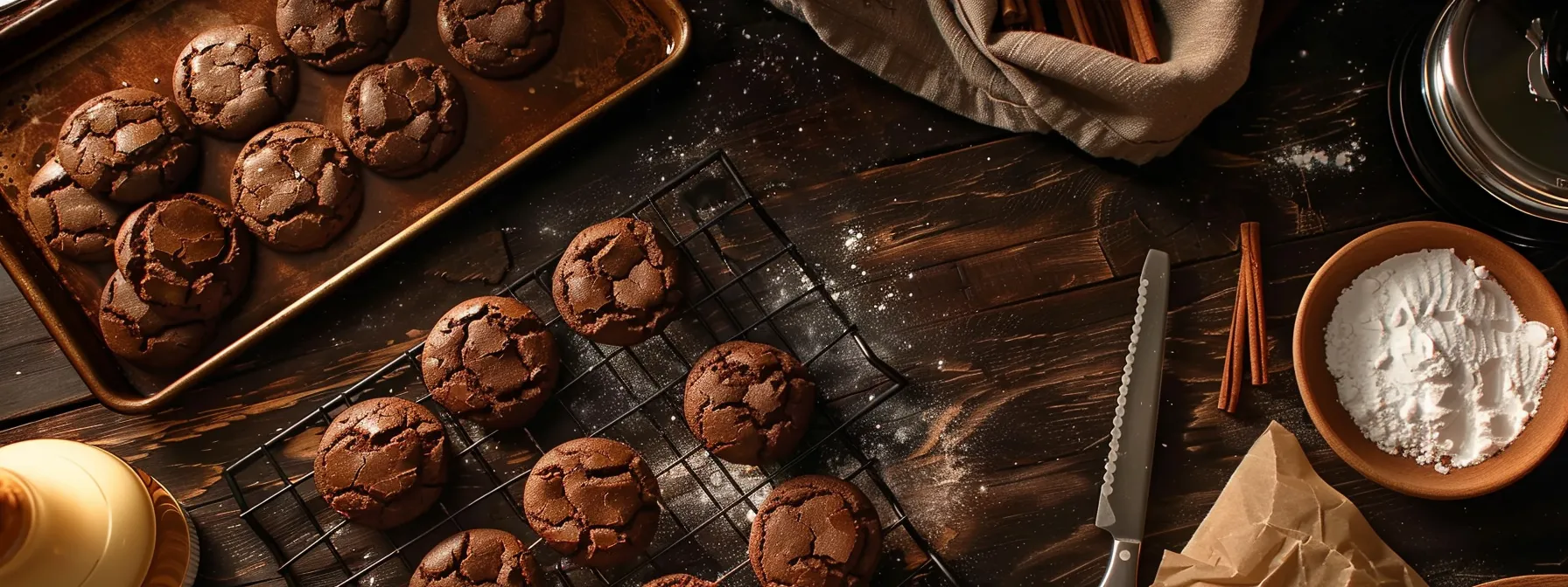 a tray of perfectly baked, soft and chewy chocolate cookies cooling on a wire rack, surrounded by ingredients like vanilla and parchment paper for easy cleanup.