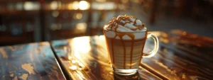 a frothy latte macchiato topped with a perfect swirl of caramel drizzle in a clear glass mug on a wooden table.