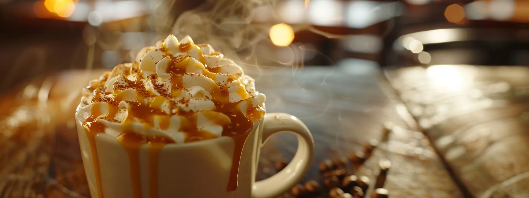 a steaming cup of rich caramel mocha topped with whipped cream and drizzled with decadent caramel sauce, creating a cozy and indulgent homemade coffee experience.