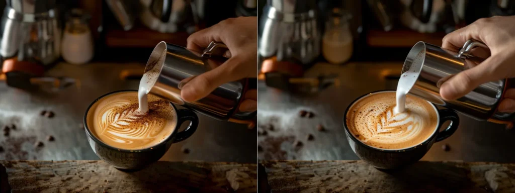 a barista carefully pours steamed milk into a perfectly crafted espresso, creating intricate swirls and shapes in the latte art.